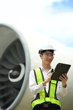 Portrait of aviation engineer using digital tablet in front of a large airplane Stock Photos