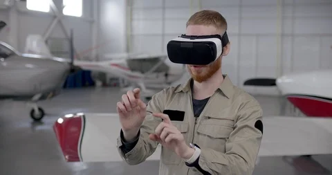 Portrait of aviator in vr helmet using simulation program Stock Footage 104663243