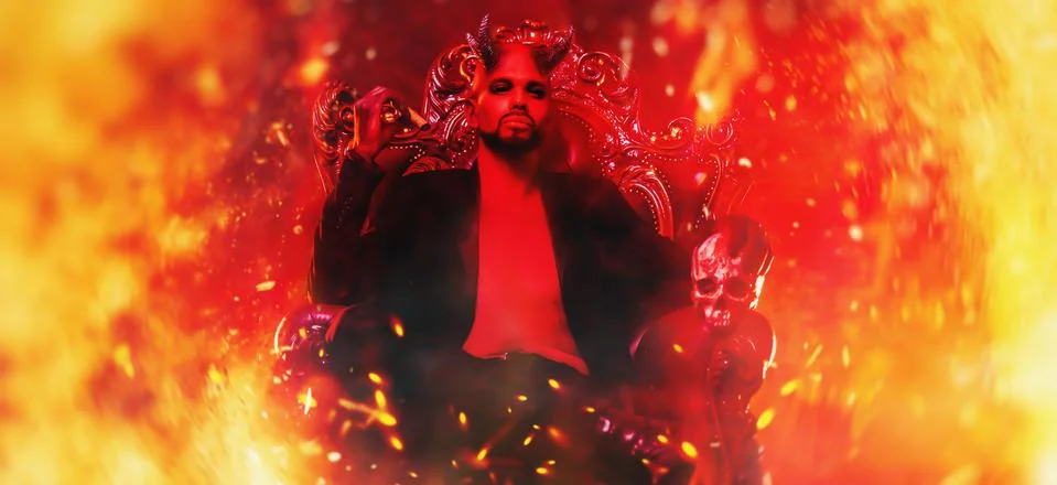 A portrait of a bad demon in his throne surrounded by flames. Horror movie, n Stock Photos