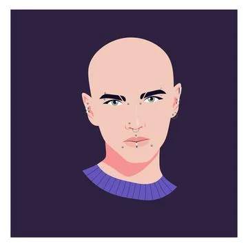 Portrait of a bald young man with multiple facial piercings Stock Illustration