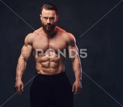 Portrait of bearded shirtless bodybuilder. Stock Photos