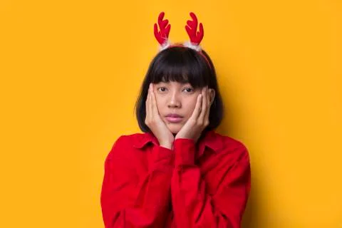 Portrait beautiful asian women wear santa christmas hat smiling and thinking Stock Photos