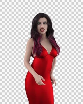 Portrait of a beautiful dark haired vampire woman with fangs showing and bl.. Illustrazione stock