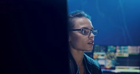Portrait of the beautiful female Caucasian software developer in glasses working Stock Footage 124341053