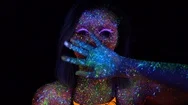 Portrait Of Beautiful Woman With Purple Hair Dancing In Neon Uv Light. Model Stock Footage