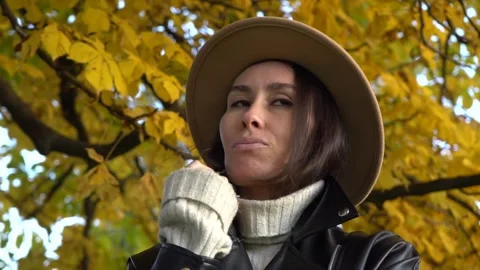Portrait of a beautiful woman wearing a hat in the park and looks away in autumn Stock Footage