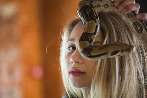 Portrait of beautiful young woman with a python on face 库存照片