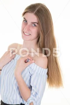 Portrait of beauty pretty smiling woman posing isolated on a white background Stock Photos
