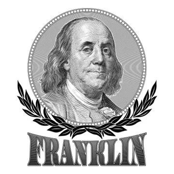 Portrait of Benjamin Franklin with laurel branches Stock Illustration