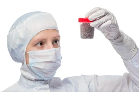 Portrait of biologist studying soil samples isolated on white background Stock Photos
