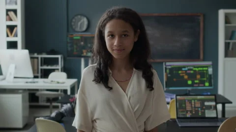 Portrait of Biracial Student Girl in Programming Class Stock Footage 284425614