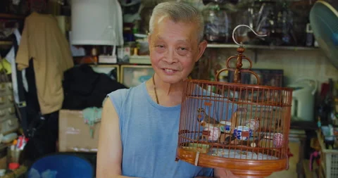 Portrait of a bird cage artisan, a master in making hand made bird cage in Hong Stock Footage 201094297
