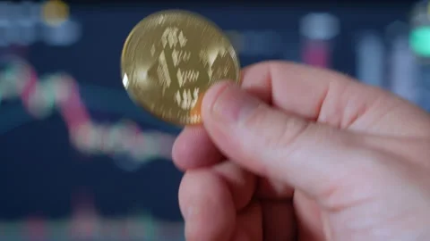 A portrait of Bitcoin BTC ADA gold coin being held in hand with trading Stock Footage 160949355