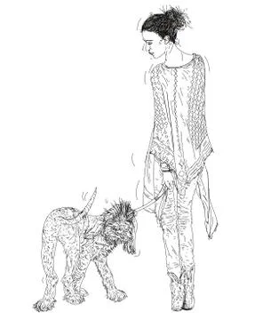 Portrait, black and white of two women with scarf and a dog Stock Illustration