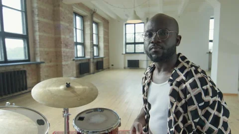 Portrait of Black Drummer at Drumset in Studio Stock Footage 202270253