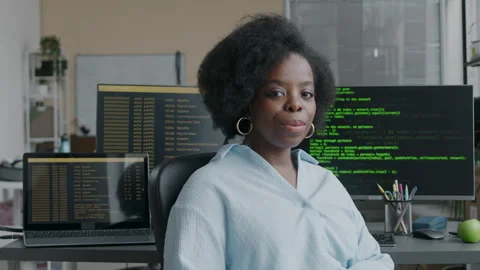 Portrait of Black Female Programmer Coding on Computer in Office Stock Footage 276202116