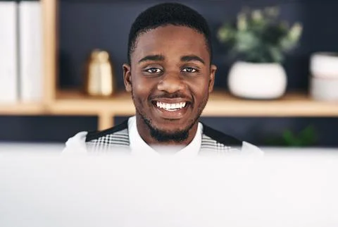 Portrait, black man and computer working in office for project planning, co.. Stock Photos