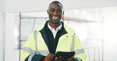 Portrait, black man and engineer at site with tablet, career pride and research 写真素材