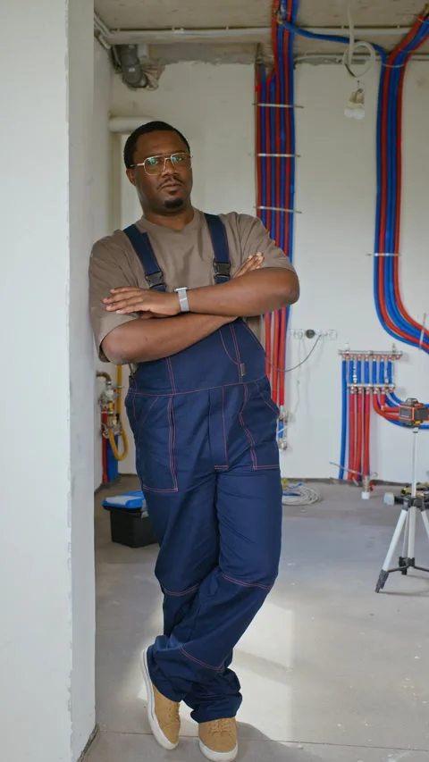 Portrait of Black Plumber Standing with Arms Crossed at Renovation Site Stock Footage 340628537