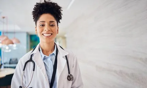 Portrait of black woman doctor with smile, mockup and confidence, leader in Stock Photos
