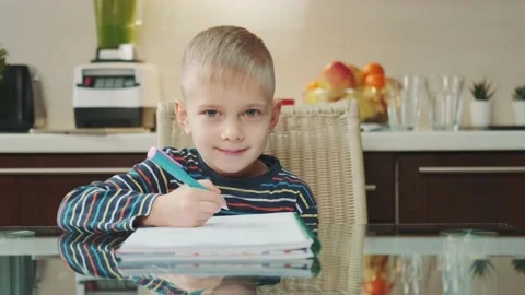 Portrait of blonde boy smiling to the camera while writing homework Stock Footage 157589777