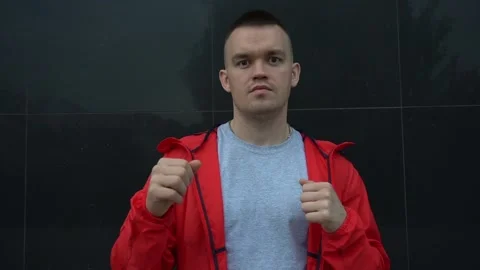 Portrait of boxer looking at camera face close up outdoors. Stock Footage 90847078