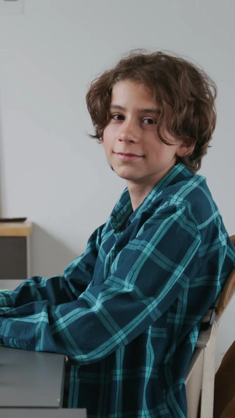 Portrait of Boy Doing his Assignment at Desk in School Stock Footage 317636626