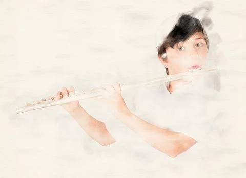 Portrait of a boy playing the flute Stock Illustration
