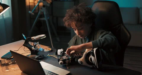 Portrait of a boy spending time in room at desk, repairing a robot, screwing in Vidéo 200917098