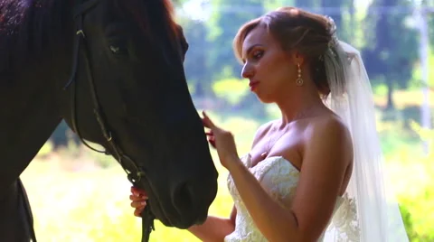 Portrait of the bride with a horse. Stock Footage 47844628