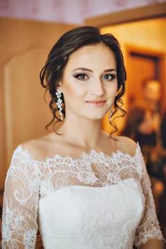 Portrait of the bride looking at the camera. Beautiful young brunette. Lace Stock Photos
