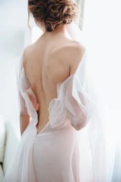Portrait of the bride with open dress from the back. Open back. Beautiful Stock Photos