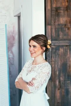 Portrait of a bride in white studio Stock Photos