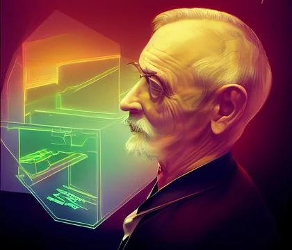 Portrait of a brilliant programmer or engineer on the background of an image of Stock Illustration