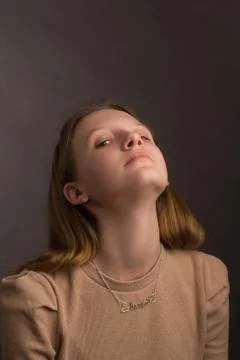 Portrait of a brown-haired model in a light brown t-shirt on a brown backgrou Stock Photos