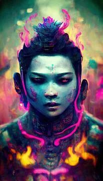 Portrait of Buddha in a futuristic cyberpunk style in a neon atmosphere. A neon Stock Illustration