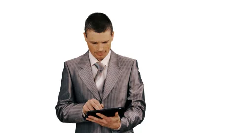 Portrait of business man using a tablet pc while walking, alpha channel Video stock 90047769