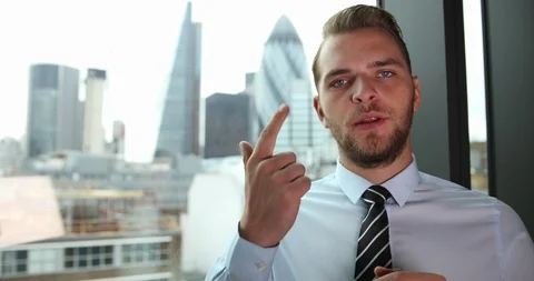 Portrait of Business Worker Man Talking Looking Camera London Skyline Day Light Stock Footage 87914100