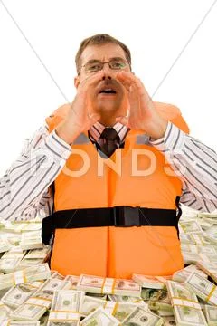 Portrait of businessman in financial trouble crying for help Stock Photos