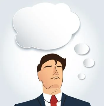 Portrait of businessman thinking with cloud chat box background Illustrazione stock
