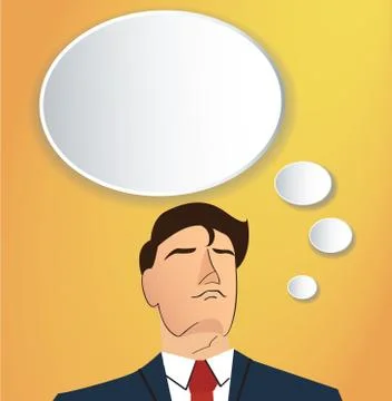 Portrait of businessman thinking with cloud chat box background Illustrazione stock
