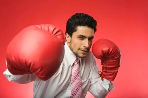 Portrait of a businessman wearing boxing gloves Stock Photos