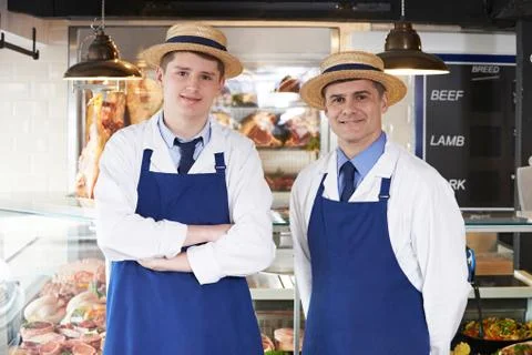 Portrait Of Butcher With Apprentice Foto stock