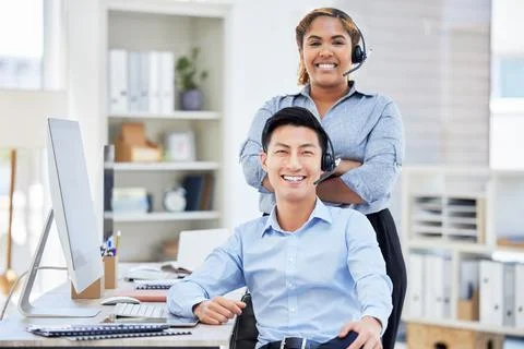 Portrait of call center colleagues showing diversity at the workplace Stock Photos