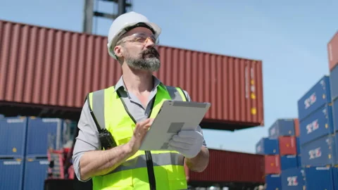 Portrait of cargo container worker man or technician or engineer use tablet Stock Footage 146477218