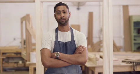 Portrait, carpenter and a man in a workshop for manufacturing process. Male Stock Footage 241483790