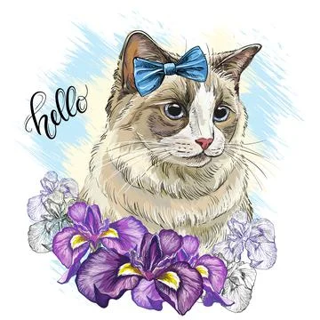 Portrait of a cat and iris flowers vector illustration Stock Illustration
