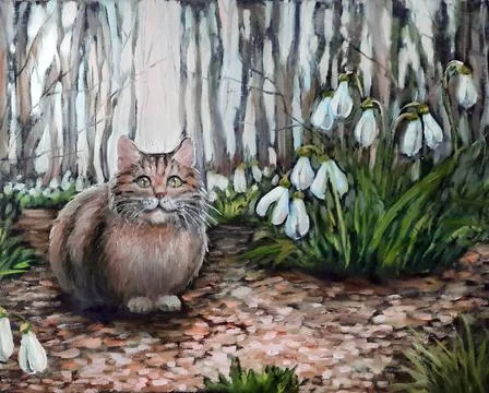 Portrait of cat looking at the front and sitting next to snowdrop flowers with Stock Illustration