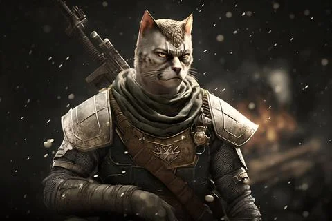 Portrait of a cat warrior with a machine gun behind his back Stock Illustration
