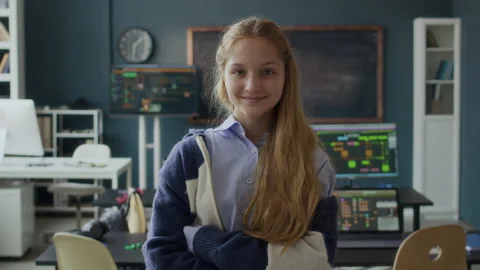 Portrait of Caucasian Schoolgirl in Programming Class Stock Footage 284425300